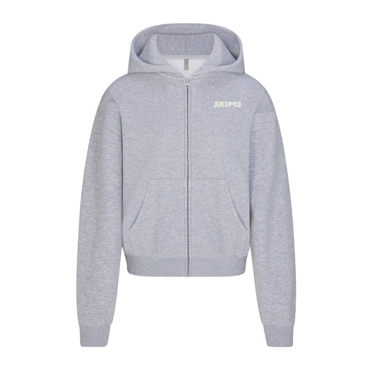 COTTON FLEECE ZIP UP HOODIE WITH EMBOSSED LOGO | HEATHER GREY