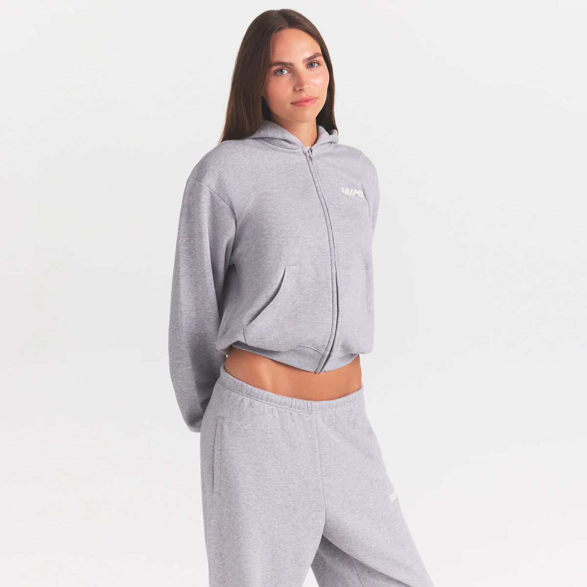 COTTON FLEECE ZIP UP HOODIE WITH EMBOSSED LOGO | HEATHER GREY