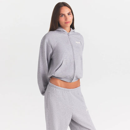 COTTON FLEECE ZIP UP HOODIE WITH EMBOSSED LOGO | HEATHER GREY
