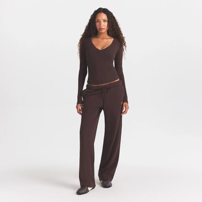 COTTON FLEECE STRAIGHT LEG PANT WITH EMBOSSED LOGO | ESPRESSO