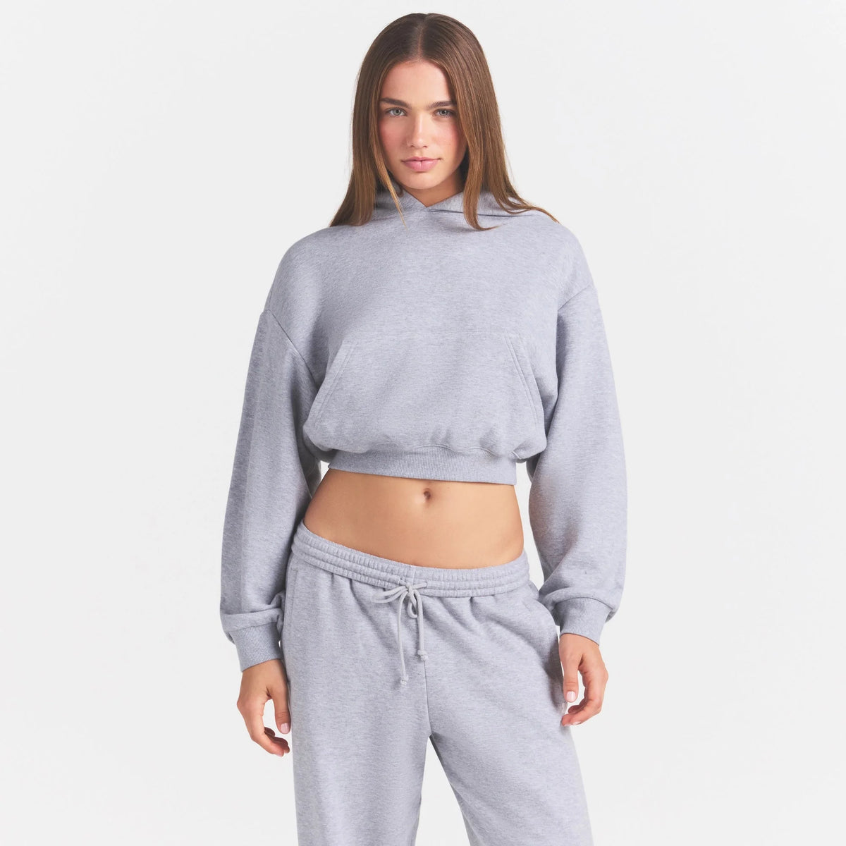 COTTON FLEECE CROPPED HOODIE WITH EMBOSSED LOGO | HEATHER GREY