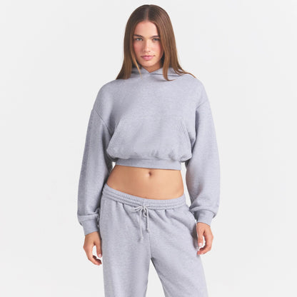 COTTON FLEECE CROPPED HOODIE WITH EMBOSSED LOGO | HEATHER GREY