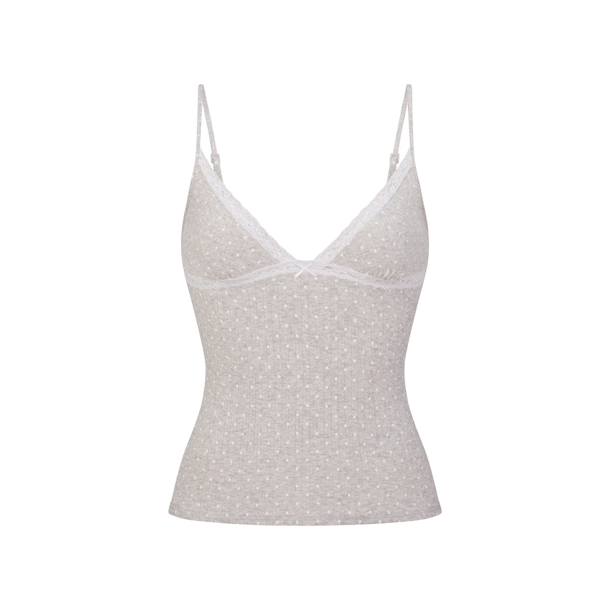 LIGHTWEIGHT COTTON POINTELLE LACE CAMI AND BOY SHORT SET | LIGHT HEATHER GREY PIN DOT