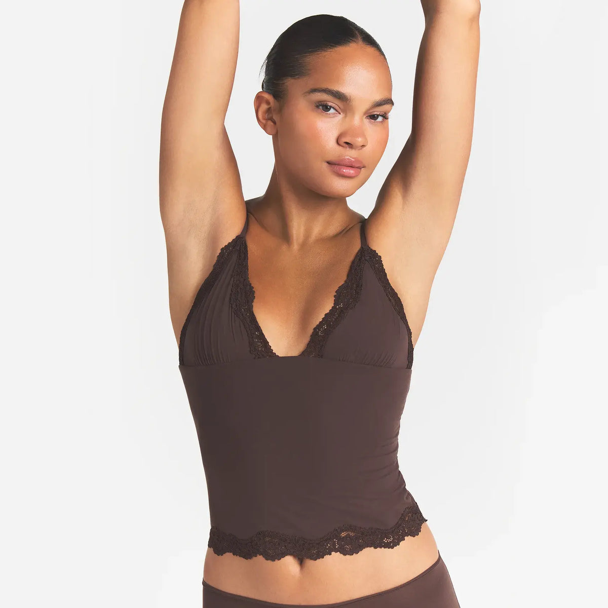 FITS EVERYBODY LACE TRIANGLE CAMI AND BOY SHORT SET | ESPRESSO