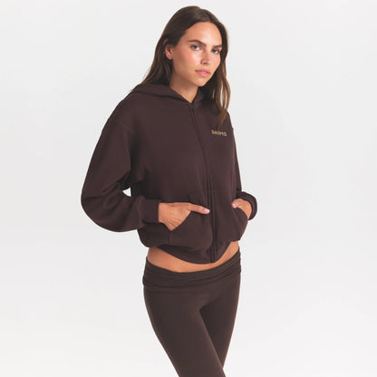 COTTON FLEECE ZIP UP HOODIE WITH EMBOSSED LOGO | ESPRESSO
