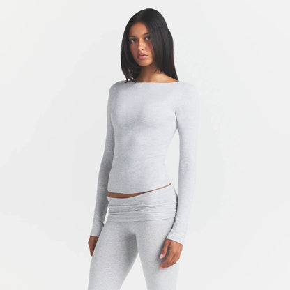 COTTON JERSEY LONG SLEEVE BOATNECK TOP | LIGHT HEATHER GREY