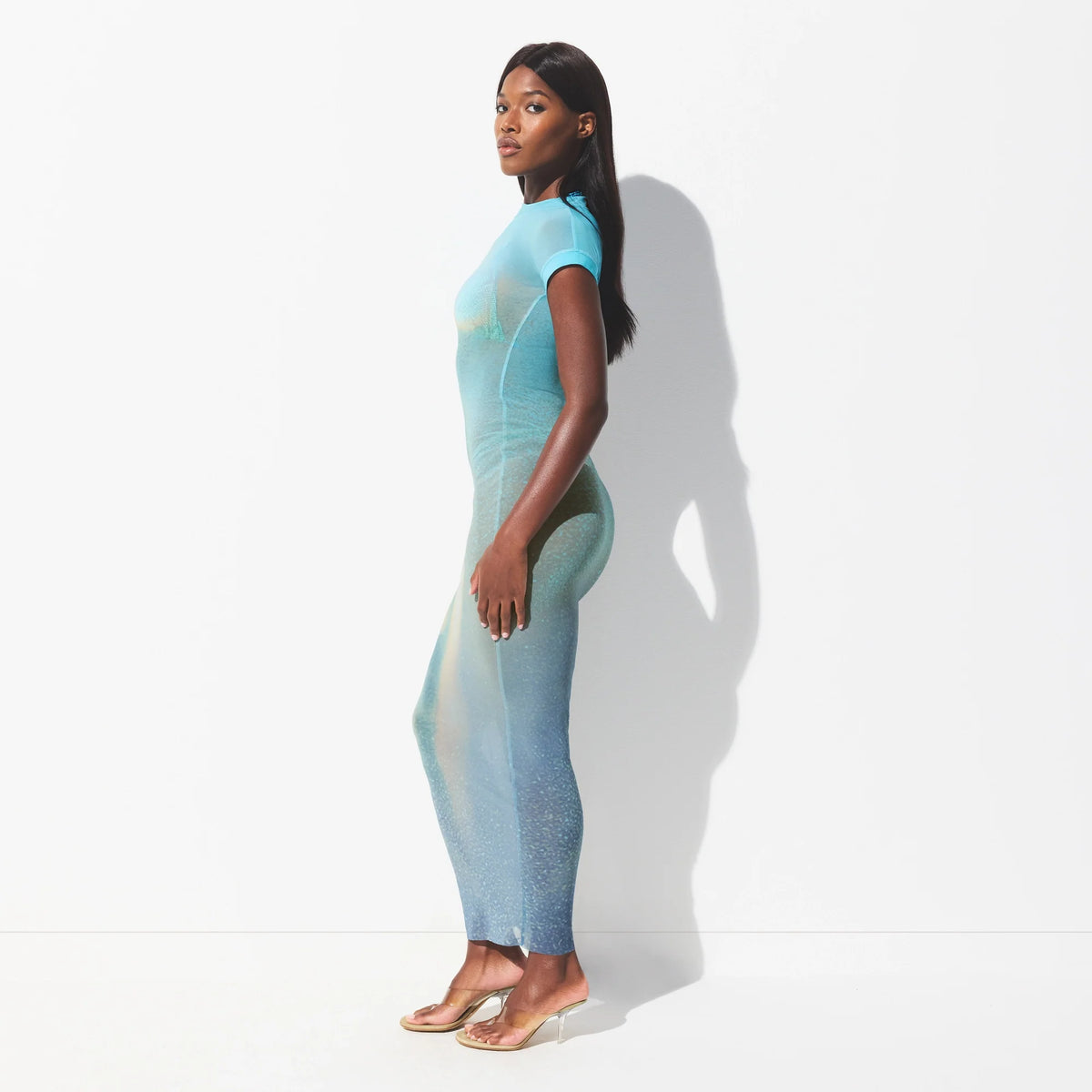 MESH COVER-UPS LONG DRESS | CYAN FK BODY PRINT