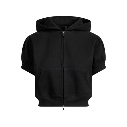 COTTON FLEECE BUBBLE SLEEVE CROPPED ZIP UP | ONYX