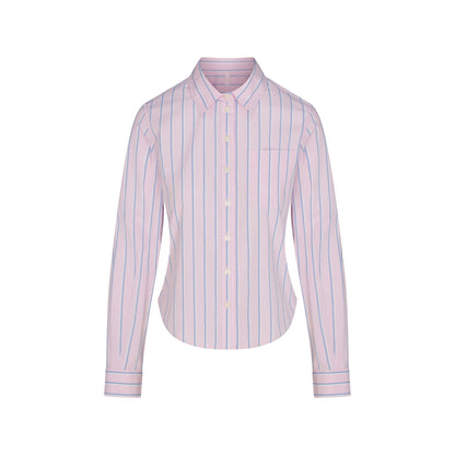 COTTON POPLIN SHRUNKEN BUTTON UP SHIRT | PINK TULLE WIDE STRIPE