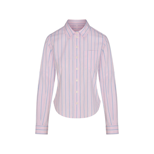 COTTON POPLIN SHRUNKEN BUTTON UP SHIRT | PINK TULLE WIDE STRIPE