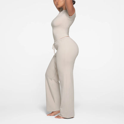 COTTON JERSEY STRAIGHT LEG PANT | STONE