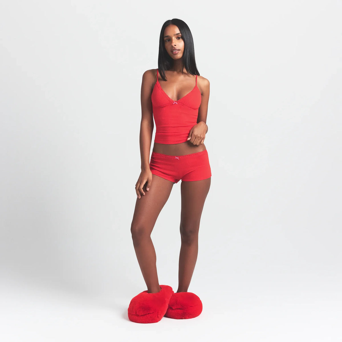 LIGHTWEIGHT COTTON POINTELLE LACE CAMI AND BOY SHORT SET | RUBY TONAL