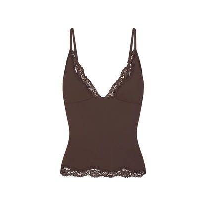 FITS EVERYBODY LACE TRIANGLE CAMI AND BOY SHORT SET | ESPRESSO