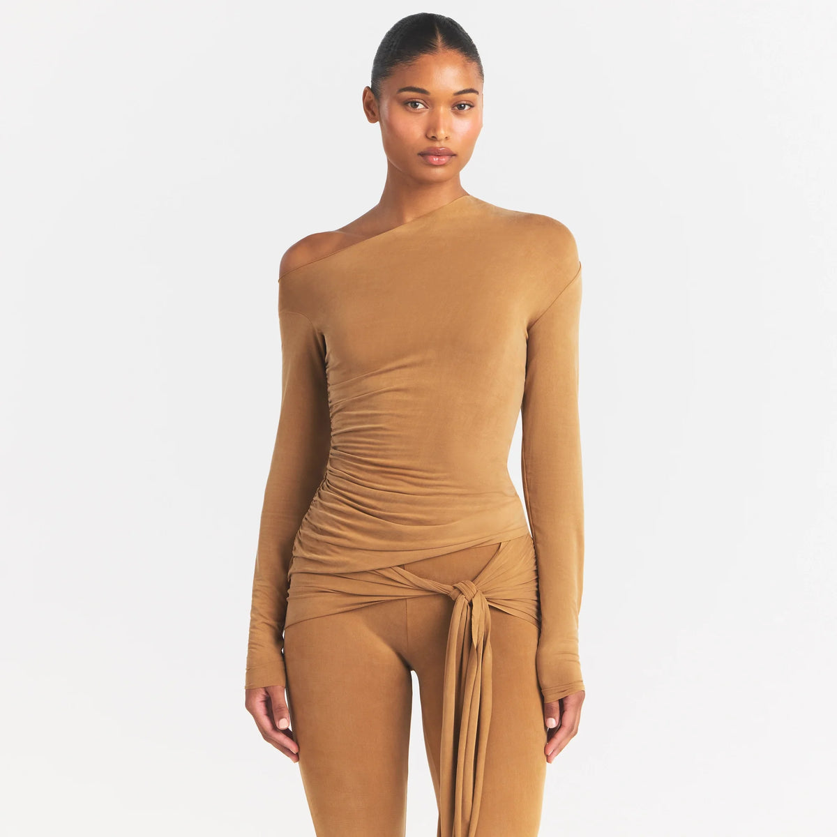 CUPRO JERSEY ASYMMETRICAL TOP | ALMOND