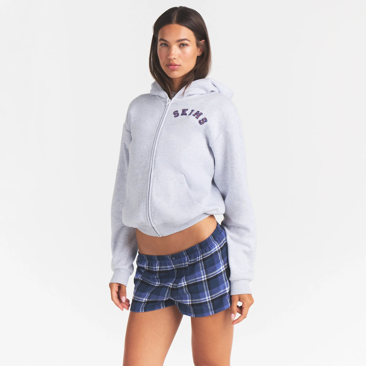 COTTON FLEECE ZIP UP HOODIE | LIGHT HEATHER GREY ARCHED SKIMS PLAID