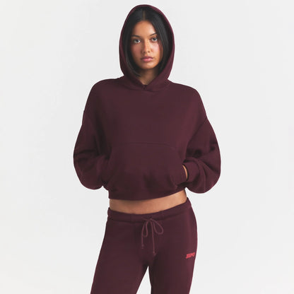 COTTON FLEECE CROPPED HOODIE WITH EMBOSSED LOGO | CURRANT