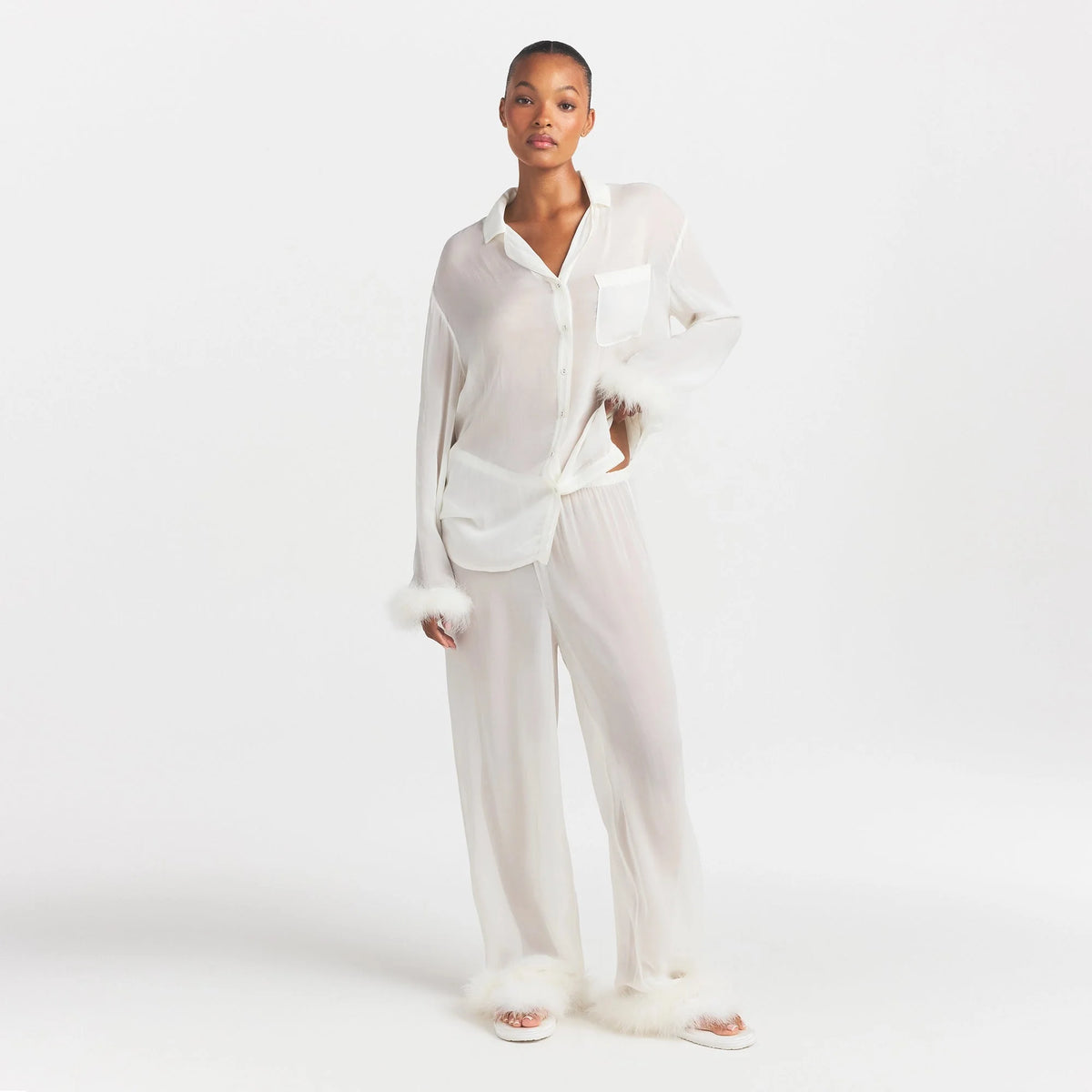 BRIDAL SLEEP FEATHER TRIM LONG SET | IVORY