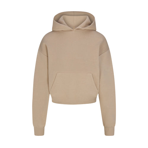 COTTON FLEECE CROPPED HOODIE WITH EMBOSSED LOGO | LATTE