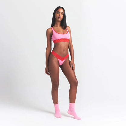 LIGHTWEIGHT COTTON WIDE LACE THONG | CARNATION CONTRAST