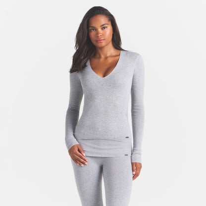 ESSENTIAL KNIT LONG SLEEVE V NECK | MID HEATHER GREY
