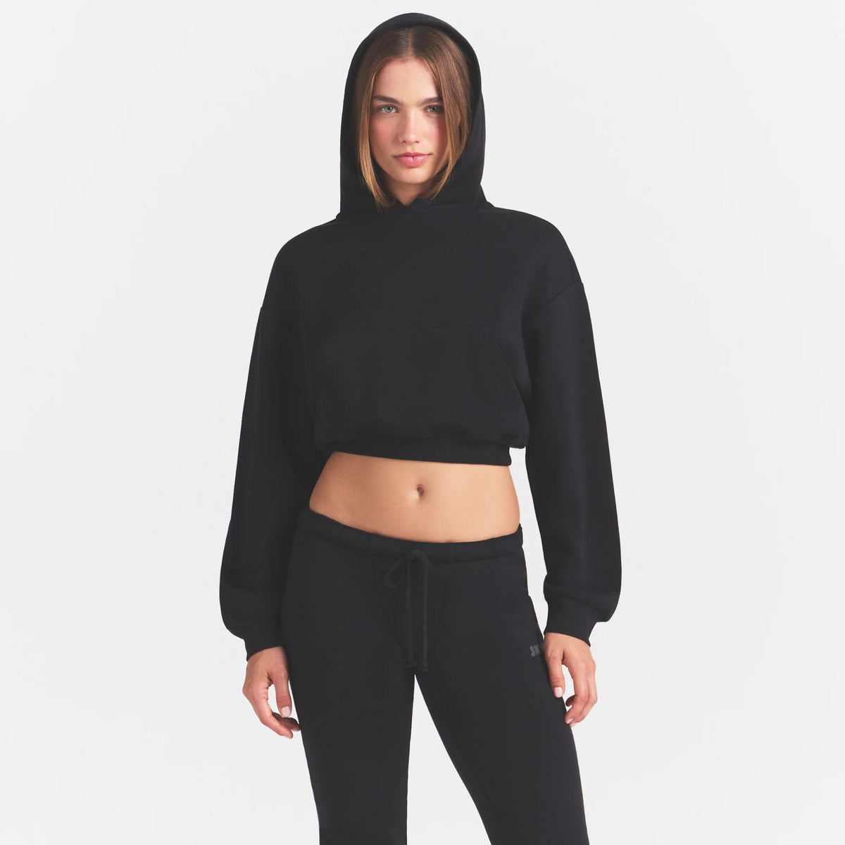 COTTON FLEECE CROPPED HOODIE WITH EMBOSSED LOGO | ONYX