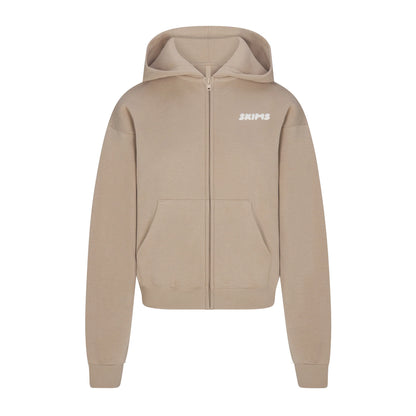 COTTON FLEECE ZIP UP HOODIE WITH EMBOSSED LOGO | LATTE