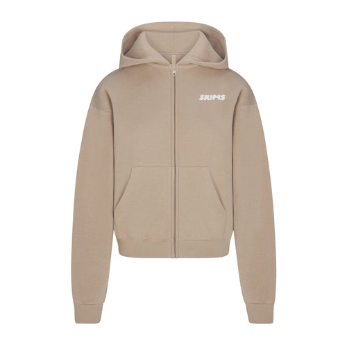 COTTON FLEECE ZIP UP HOODIE WITH EMBOSSED LOGO | LATTE