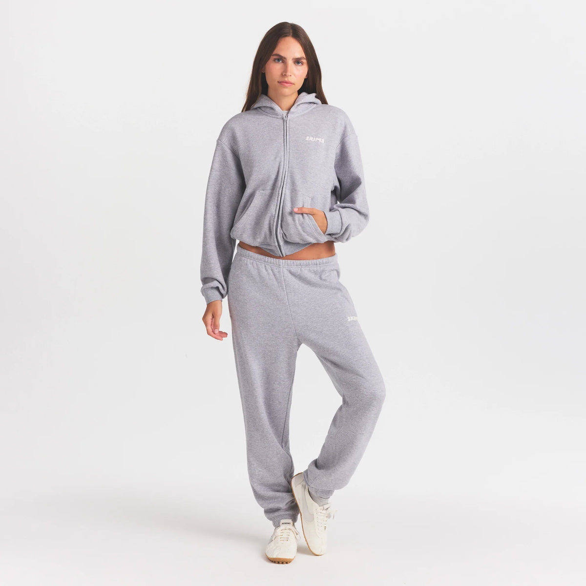 COTTON FLEECE ZIP UP HOODIE WITH EMBOSSED LOGO | HEATHER GREY
