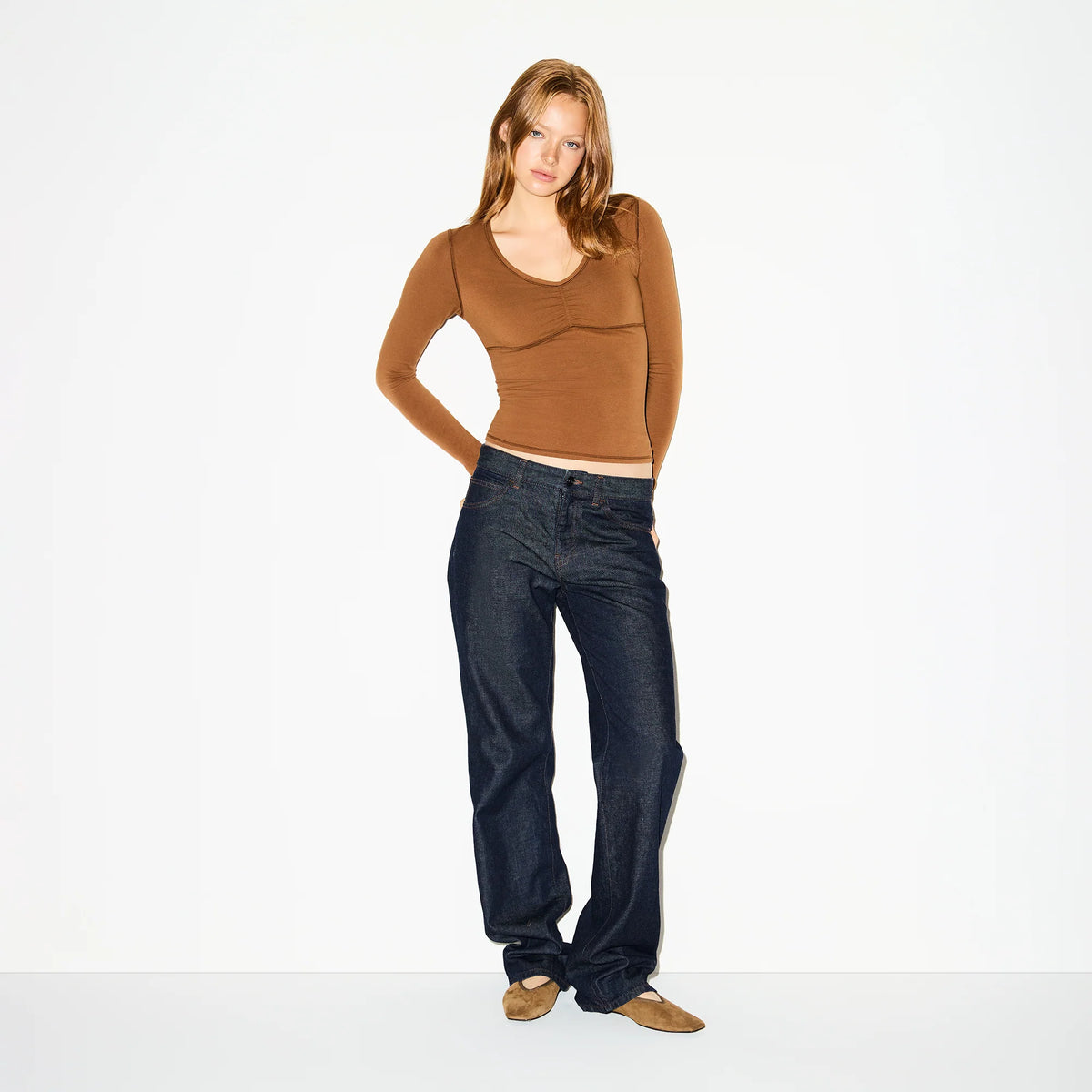 COTTON JERSEY SHIRRED BUST LONG SLEEVE | CHAI