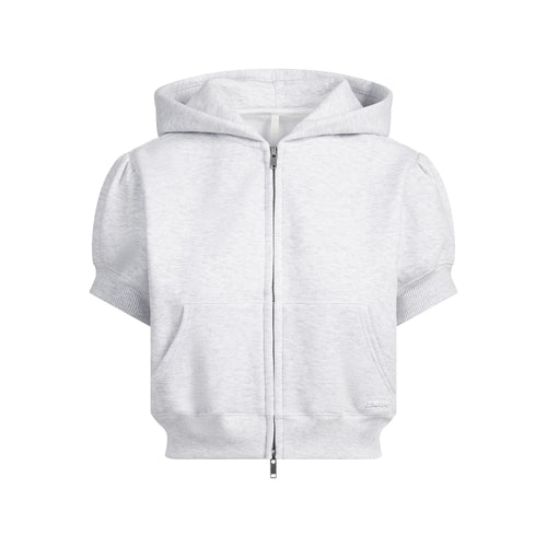COTTON FLEECE BUBBLE SLEEVE CROPPED ZIP UP | LIGHT HEATHER GREY