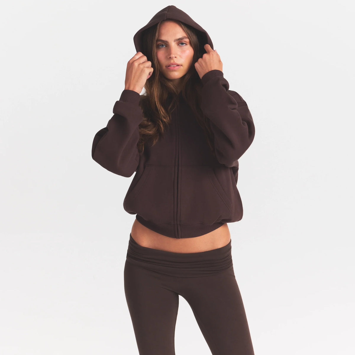 COTTON FLEECE ZIP UP HOODIE WITH EMBOSSED LOGO | ESPRESSO