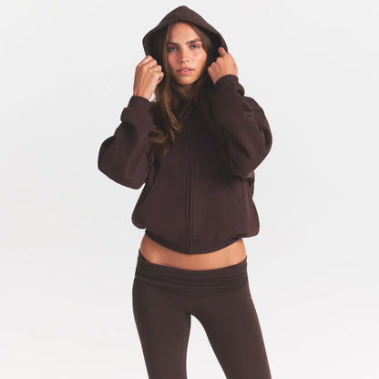 COTTON FLEECE ZIP UP HOODIE WITH EMBOSSED LOGO | ESPRESSO