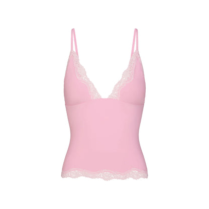 FITS EVERYBODY LACE TRIANGLE CAMI AND BOY SHORT SET | BUBBLE GUM TONAL