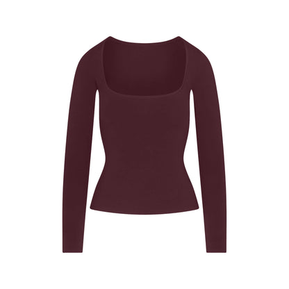 COTTON JERSEY SCOOP NECK LONG SLEEVE TOP | CURRANT
