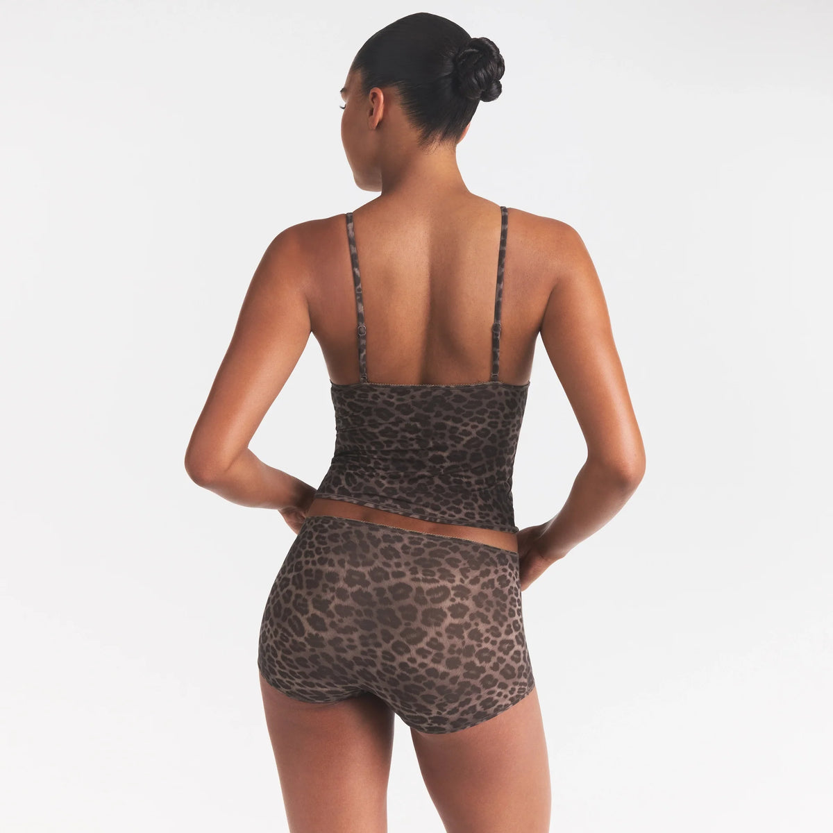 FITS EVERYBODY PICOT CAMI AND BOY SHORT SET | UMBER LEOPARD PRINT