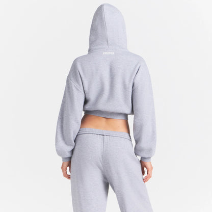 COTTON FLEECE CROPPED HOODIE WITH EMBOSSED LOGO | HEATHER GREY
