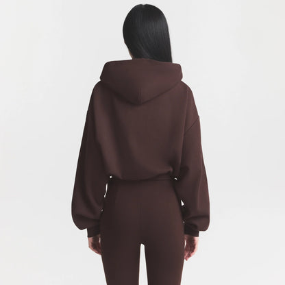 COTTON FLEECE CROPPED HOODIE WITH EMBOSSED LOGO | ESPRESSO