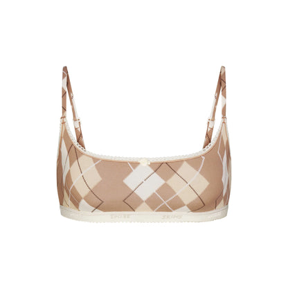 LIGHTWEIGHT COTTON LOGO PICOT SCOOP BRALETTE | CAFE ARGYLE PRINT