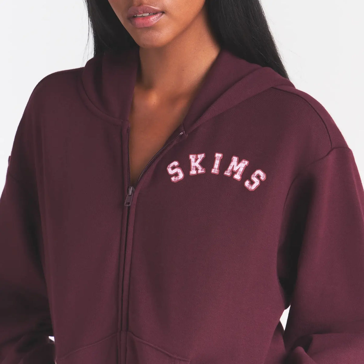 COTTON FLEECE ZIP UP HOODIE | CURRANT ARCHED SKIMS PLAID