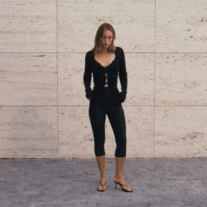 LACE KNIT LONG SLEEVE CARDIGAN | OBSIDIAN