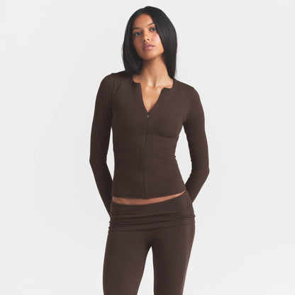 COTTON RIB ZIP UP TOP | ESPRESSO