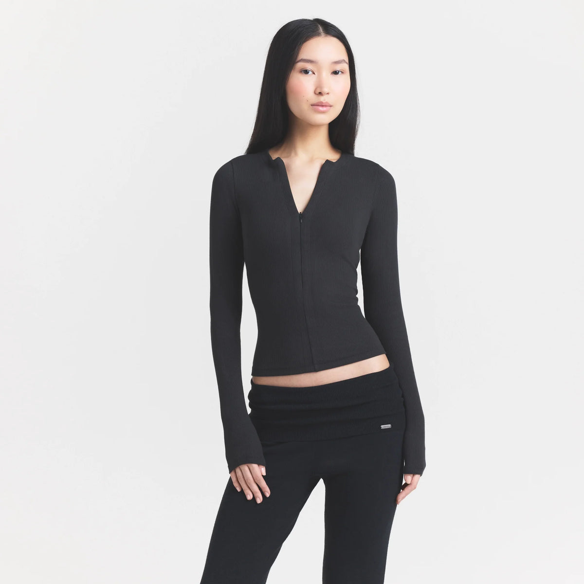 COTTON RIB ZIP UP TOP | SOOT