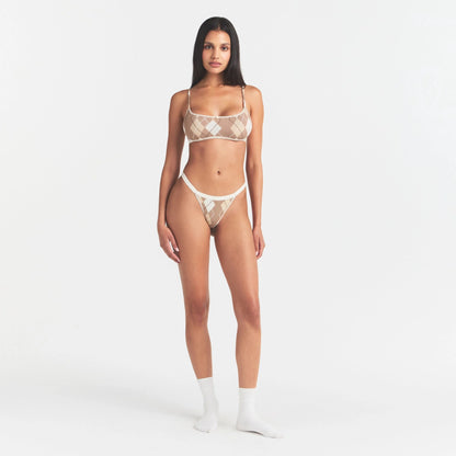 LIGHTWEIGHT COTTON LOGO PICOT SCOOP BRALETTE | CAFE ARGYLE PRINT