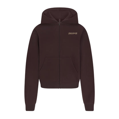 COTTON FLEECE ZIP UP HOODIE WITH EMBOSSED LOGO | ESPRESSO