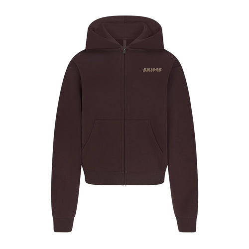COTTON FLEECE ZIP UP HOODIE WITH EMBOSSED LOGO | ESPRESSO