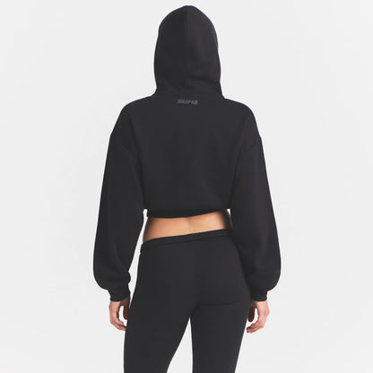 COTTON FLEECE CROPPED HOODIE WITH EMBOSSED LOGO | ONYX