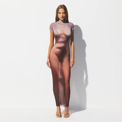 MESH COVER-UPS LONG DRESS | HENNA FK BODY PRINT
