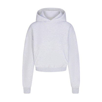 COTTON FLEECE CROPPED HOODIE WITH EMBOSSED LOGO | LIGHT HEATHER GREY