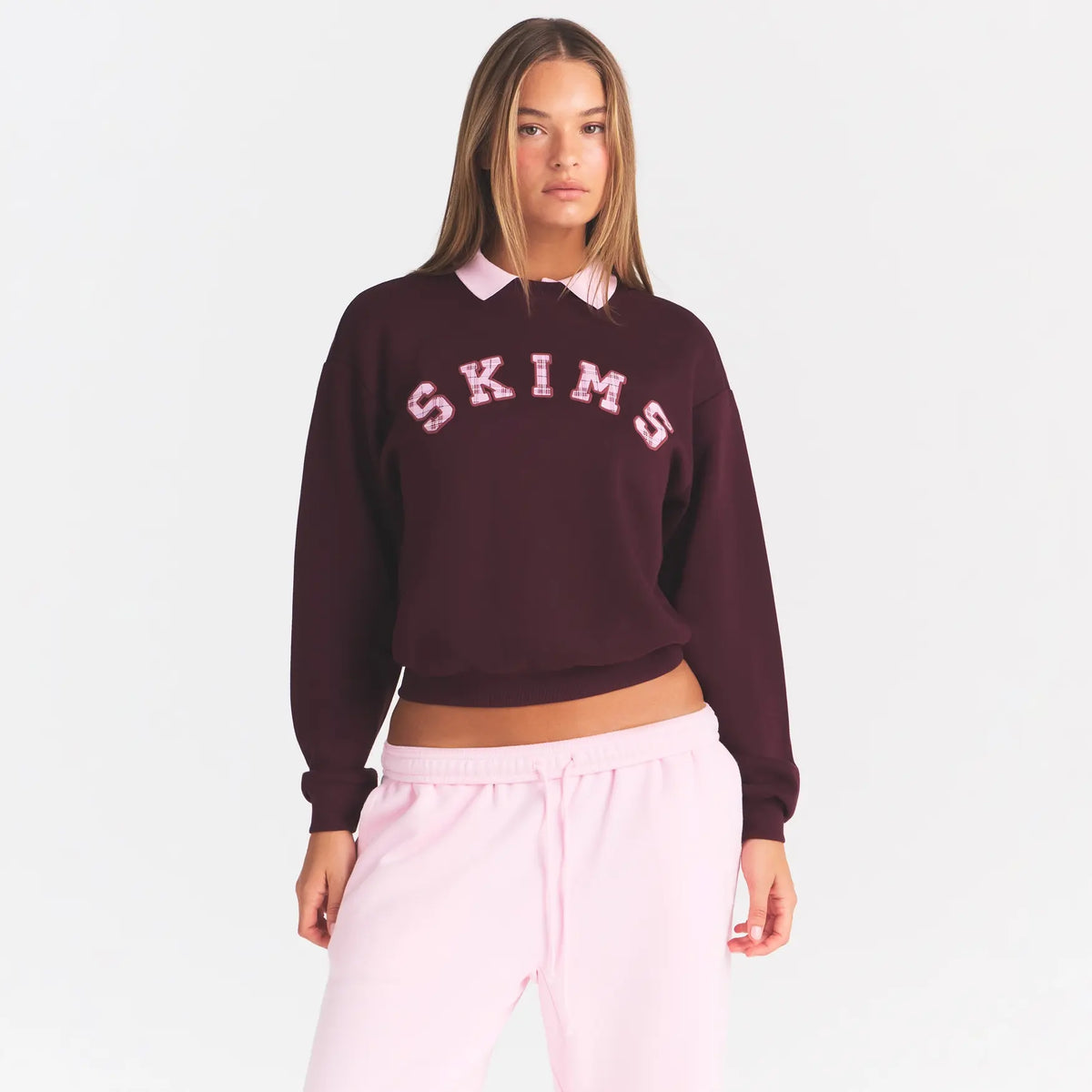 COTTON FLEECE CREWNECK | CURRANT ARCHED SKIMS PLAID