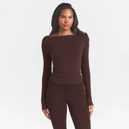 COTTON JERSEY LONG SLEEVE BOATNECK TOP | ESPRESSO